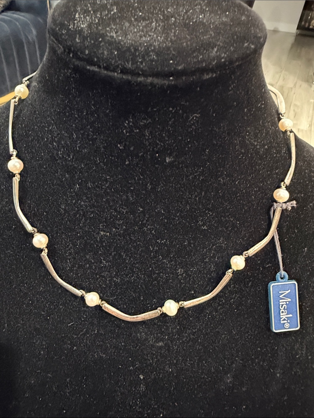 Gold-Tone Curved Station Necklace with Cream Pearls